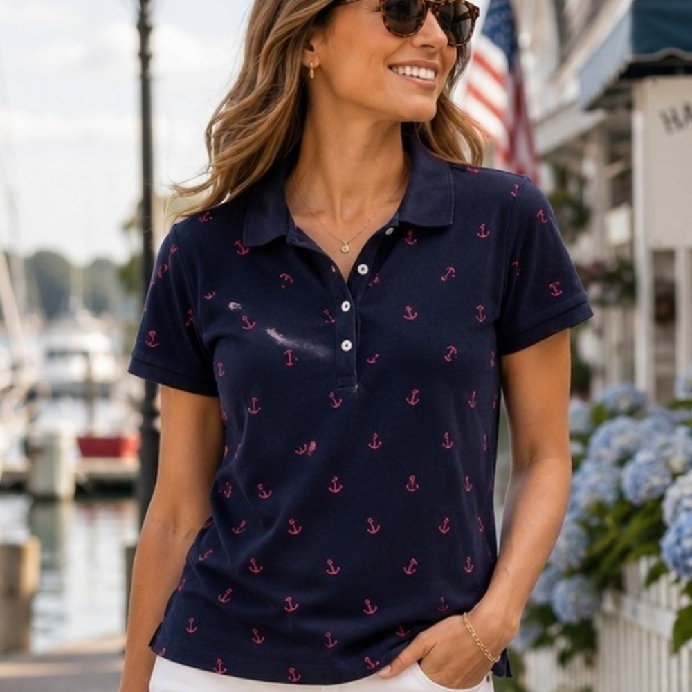Bass & Co Navy Anchor Print Polo Shirt Women's Large Cotton Stretch Nautical